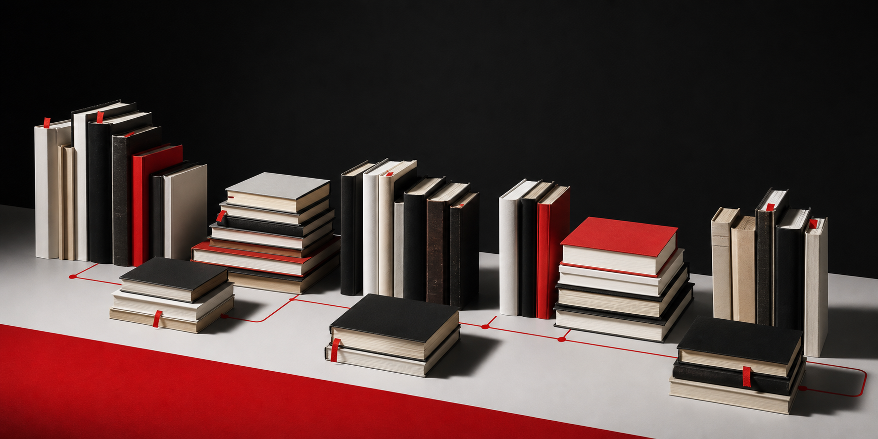 Categorized stacks of black, white, and red books arranged like a linked bookshelf.
