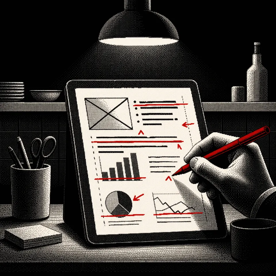 A dithered draft covered in red correction marks under a desk lamp.