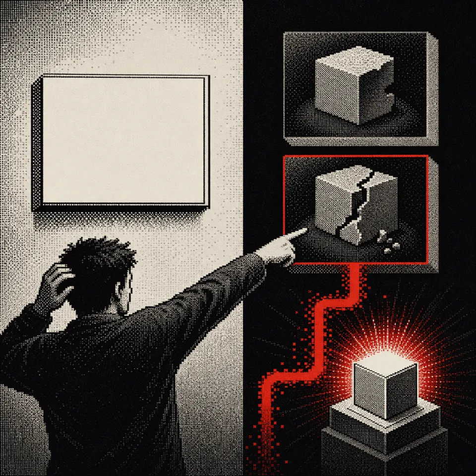 A dithered figure choosing between concrete options instead of facing a blank box.