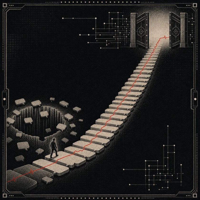 A red pulse follows a long staircase of repeated comments out of a pit and through an open gate.