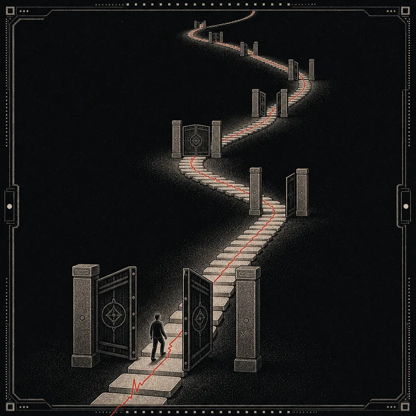 A traveler crosses one open gate while an endless red path continues through many more doors.