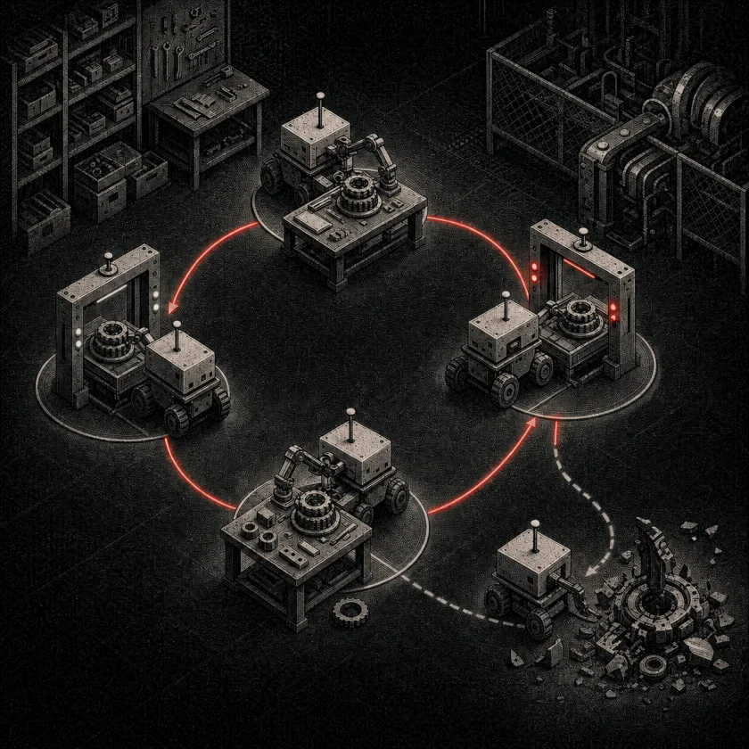 Small agent machines move through a red workshop loop of building, testing, correcting, and trying again.