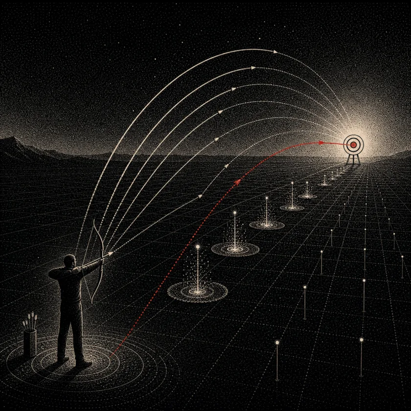 An archer sends repeated trajectories toward one distant target, with each miss narrowing the next shot.