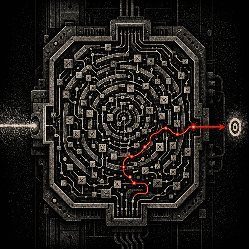 A reasoning machine turns one input into many internal loops before sending a single red path toward a target.