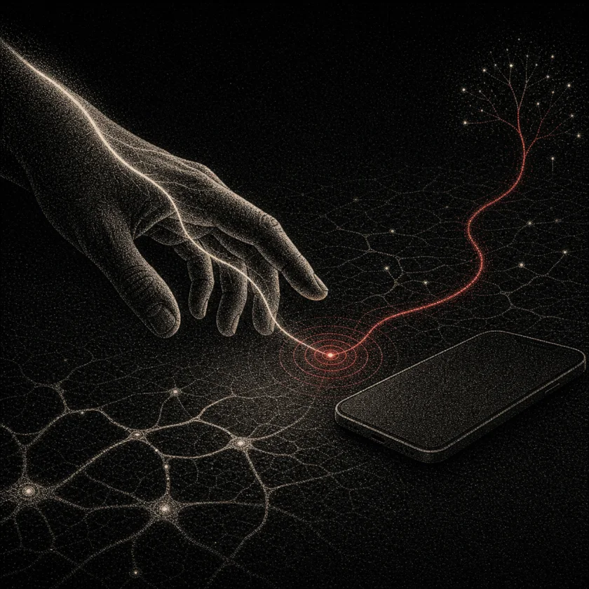 A hand pauses before reaching a phone as a red awareness pulse opens a new neural route inside the gap.