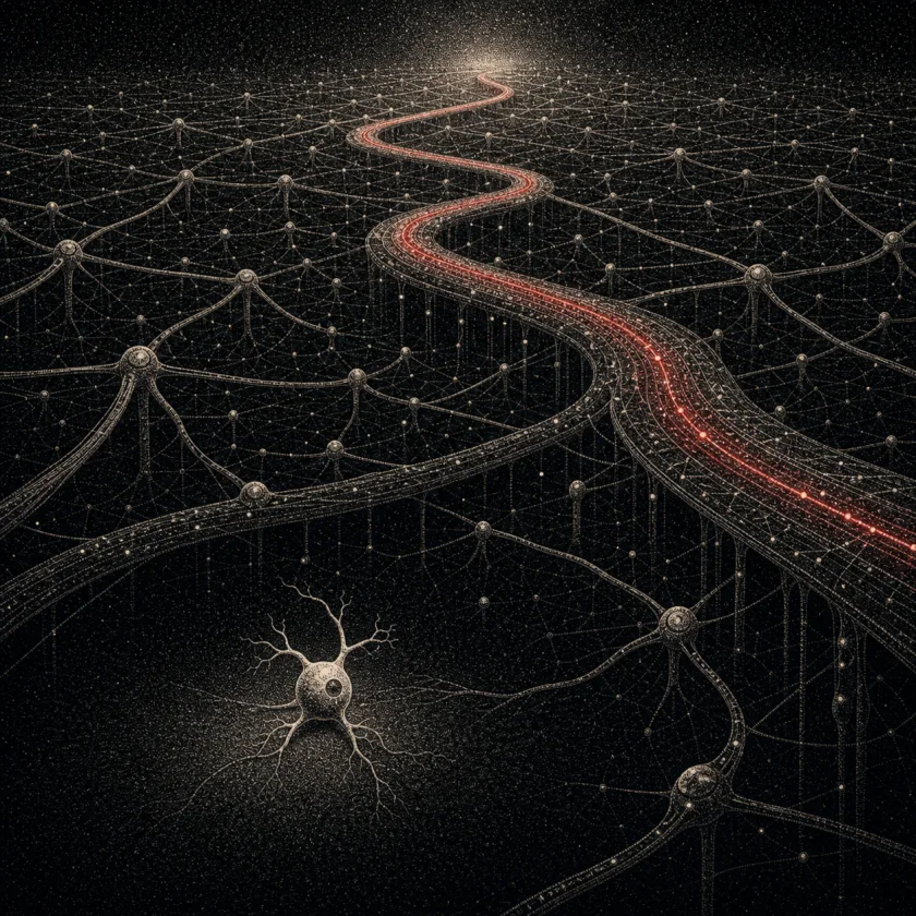 A single neuron sits below a vast network where one frequently used road carries a red signal.