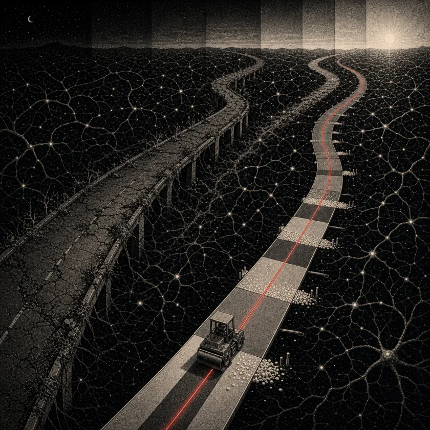 A road roller follows a red route as a new road becomes solid and an unused parallel highway decays.