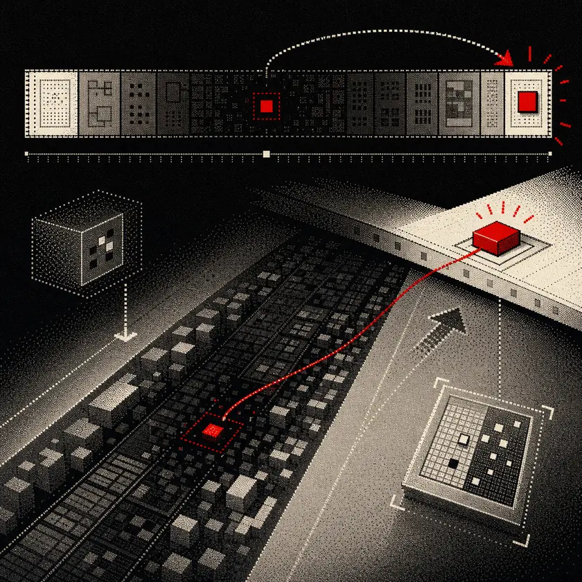 A dithered red objective marker being pulled from the middle of a long context strip back to the bright edge.