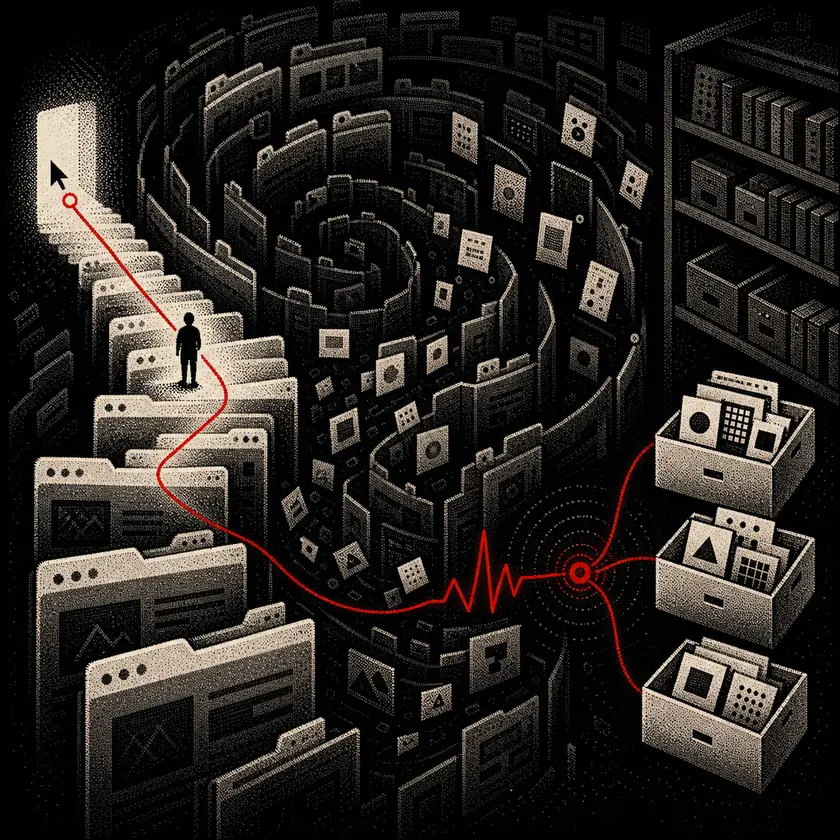 A dithered rabbit-hole maze of browser tabs with a red heartbeat thread routing discoveries into project boxes.