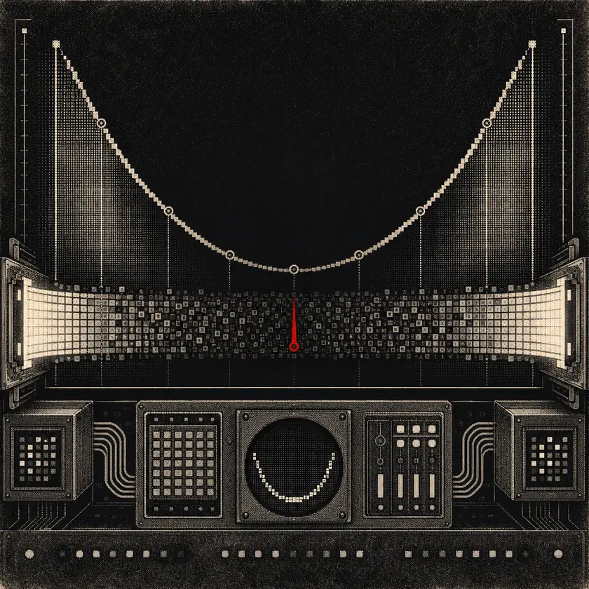 A dithered U-shaped context curve with a red needle buried in the dim middle.