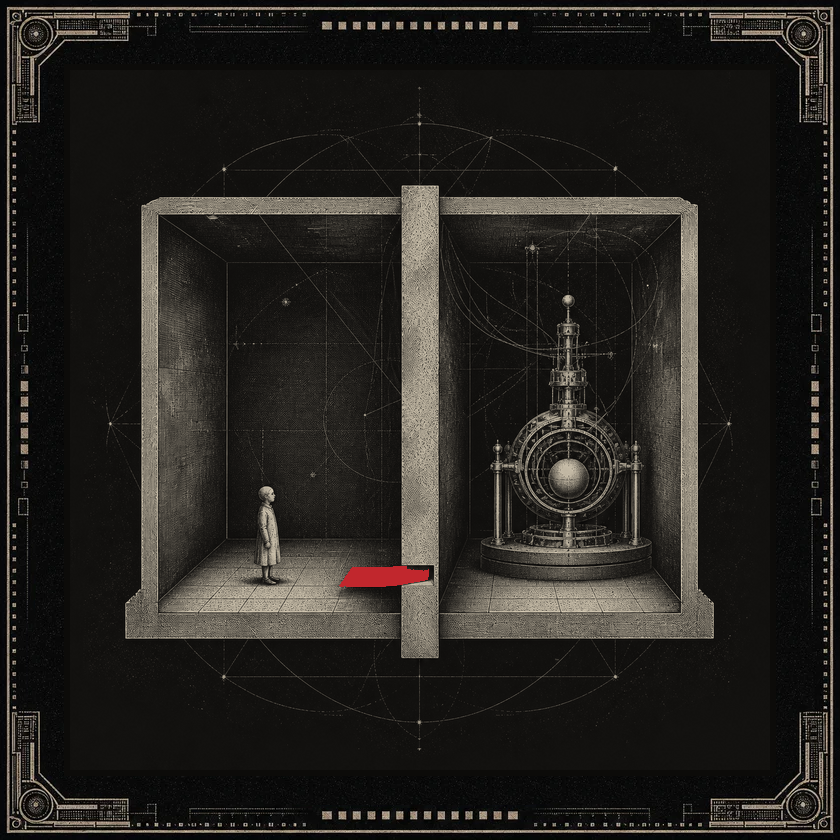 Two sealed rooms separated by a solid wall with a narrow slot at floor level, a slip of paper passing through, and no handle anywhere on the near side.