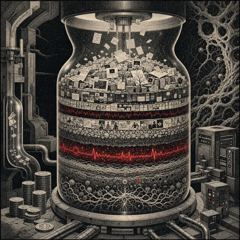 A dithered memory reservoir filled with layers of accumulated personal context and red pulse lines.