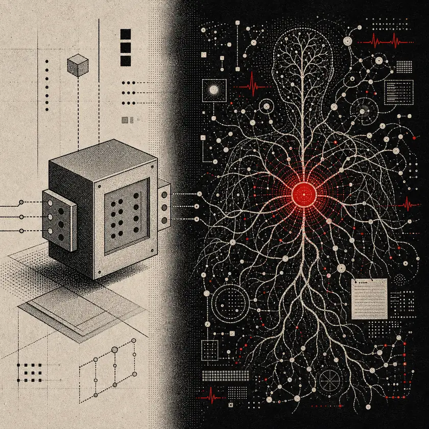 A dithered split between an inert modular component and a living nervous-system organism.