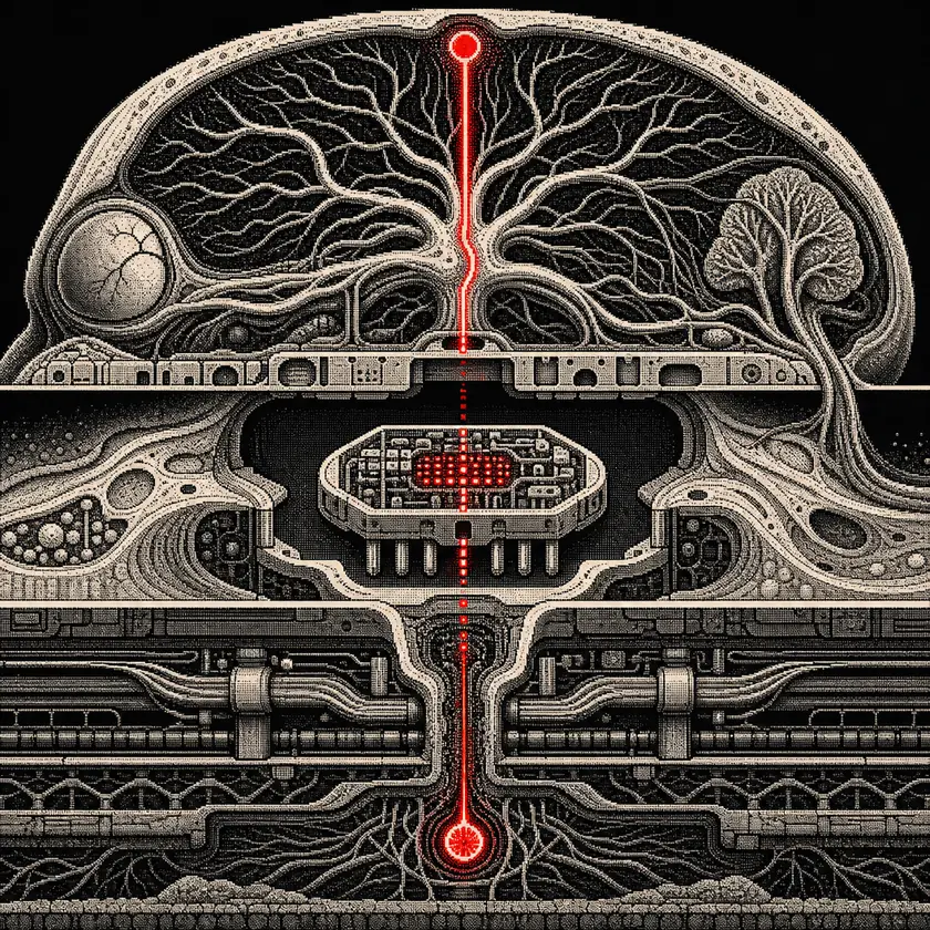 A dithered cutaway of a modular memory organ inside a larger living machine, connected by a red signal.