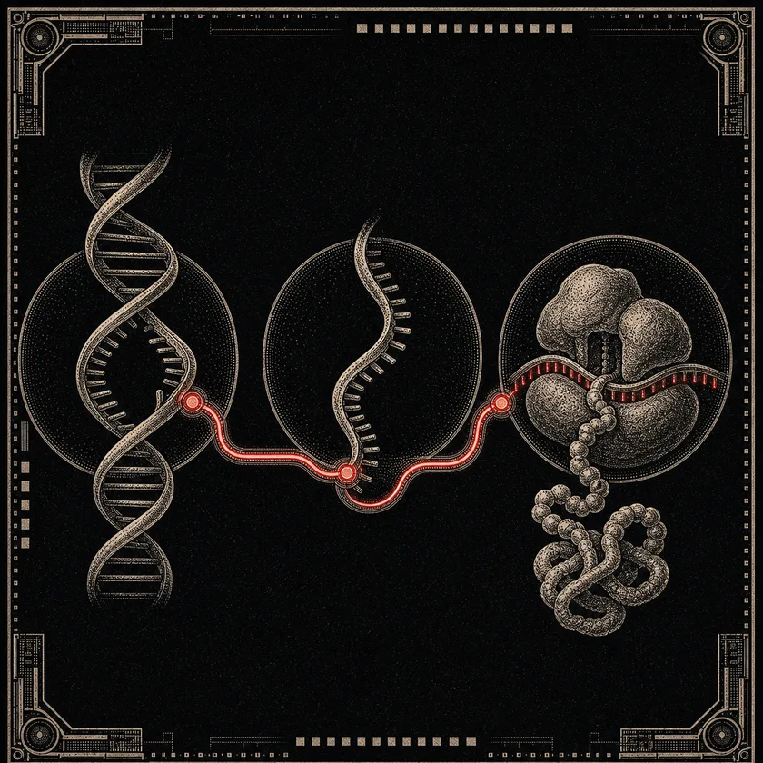 DNA opens into an RNA strand that passes through a ribosome and emerges as a folded protein.