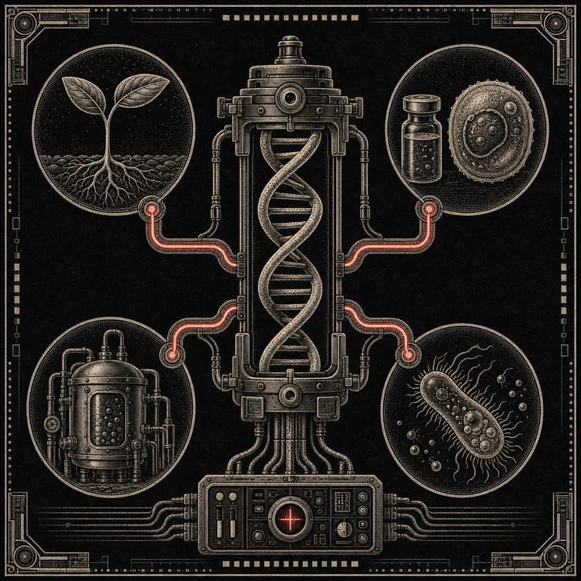 A DNA helix routes a red signal toward agricultural, medical, industrial, and aquatic biotechnology.