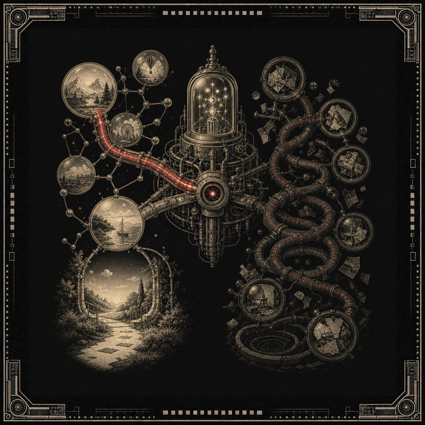 One associative machine opens a useful red path while its twin traps the same signal in a dark repetitive loop.