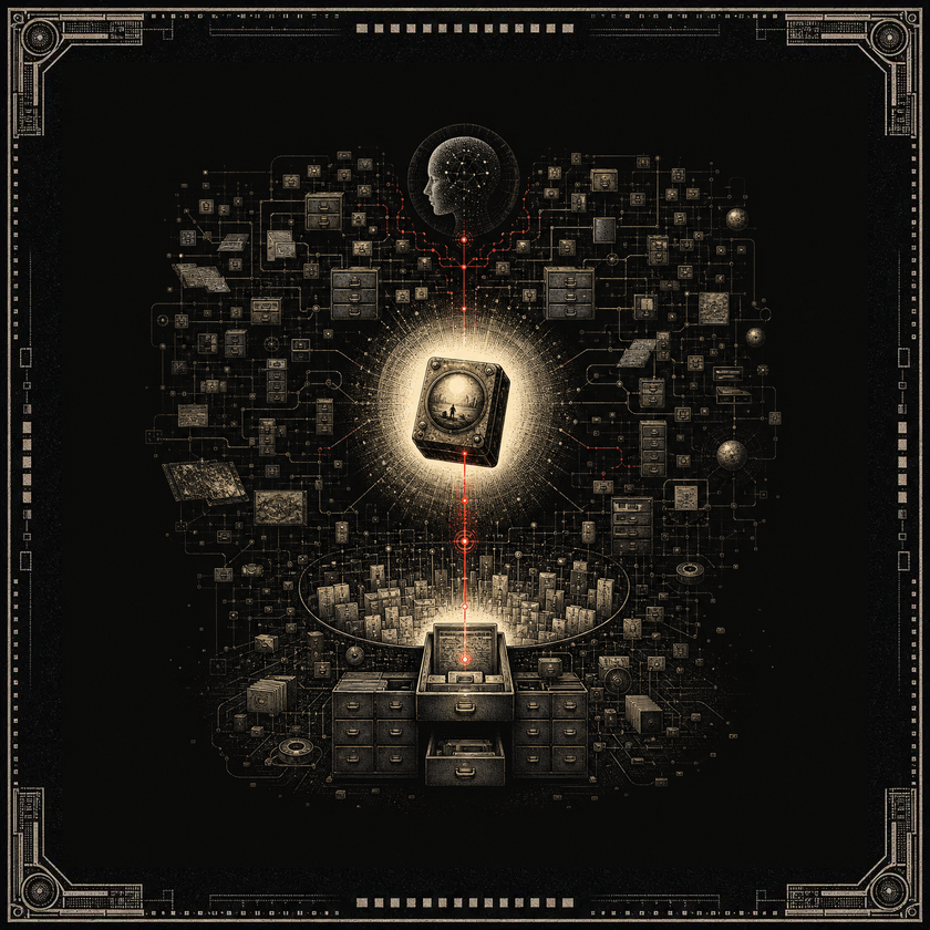 A dormant memory is pulled from a dark archive by one bright red associative signal.