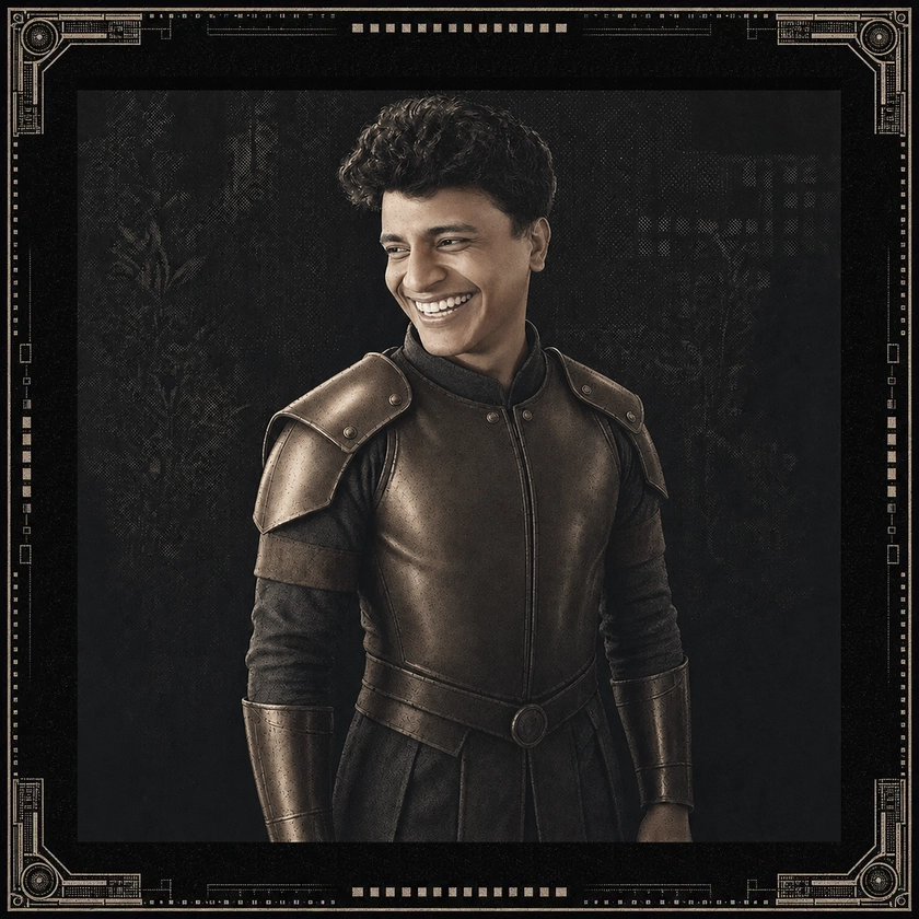 Dithered portrait of Jain Yagi smiling in futuristic armor inside the Jain Yagi instrument frame